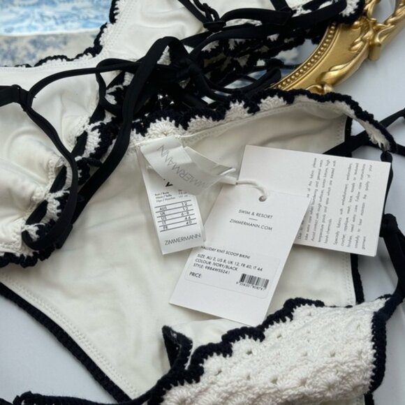 🆕 ZIMMERMANN 🧿 NWT Halliday Knit Scoop Bikini - Ivory/Black - Sz 2 - US 6 / 8 - Picture 12 of 14